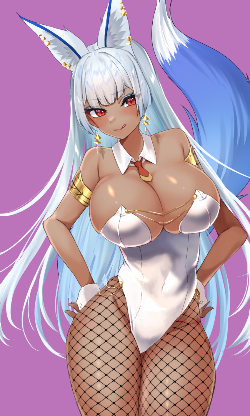 :q animal_ears armlet bare_shoulders blue_tail breasts bunny_day cleavage collar commission covered_navel cowboy_shot dark-skinned_female dark_skin detached_collar earrings female fishnet_pantyhose fishnets highres indie_virtual_youtuber jewelry large_breasts leotard long_hair nairu_nirvana necktie nidoneane pantyhose playboy_bunny purple_background red_eyes red_necktie short_necktie skeb_commission solo tail tan tongue tongue_out virtual_youtuber white_collar white_hair white_leotard white_wrist_cuffs wrist_cuffs