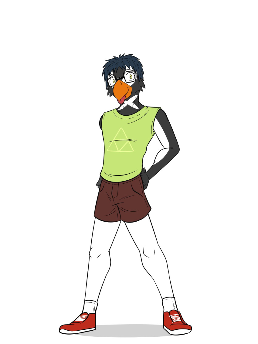 3:4 anthro avian bird bottomwear clothed clothing eddy_(eddy_bird32) eyewear footwear full-length_portrait fully_clothed fuze gentoo_penguin glasses hi_res male penguin portrait shirt shoes shorts simple_background socks solo tank_top tongue tongue_out topwear triforce_clothing white_background