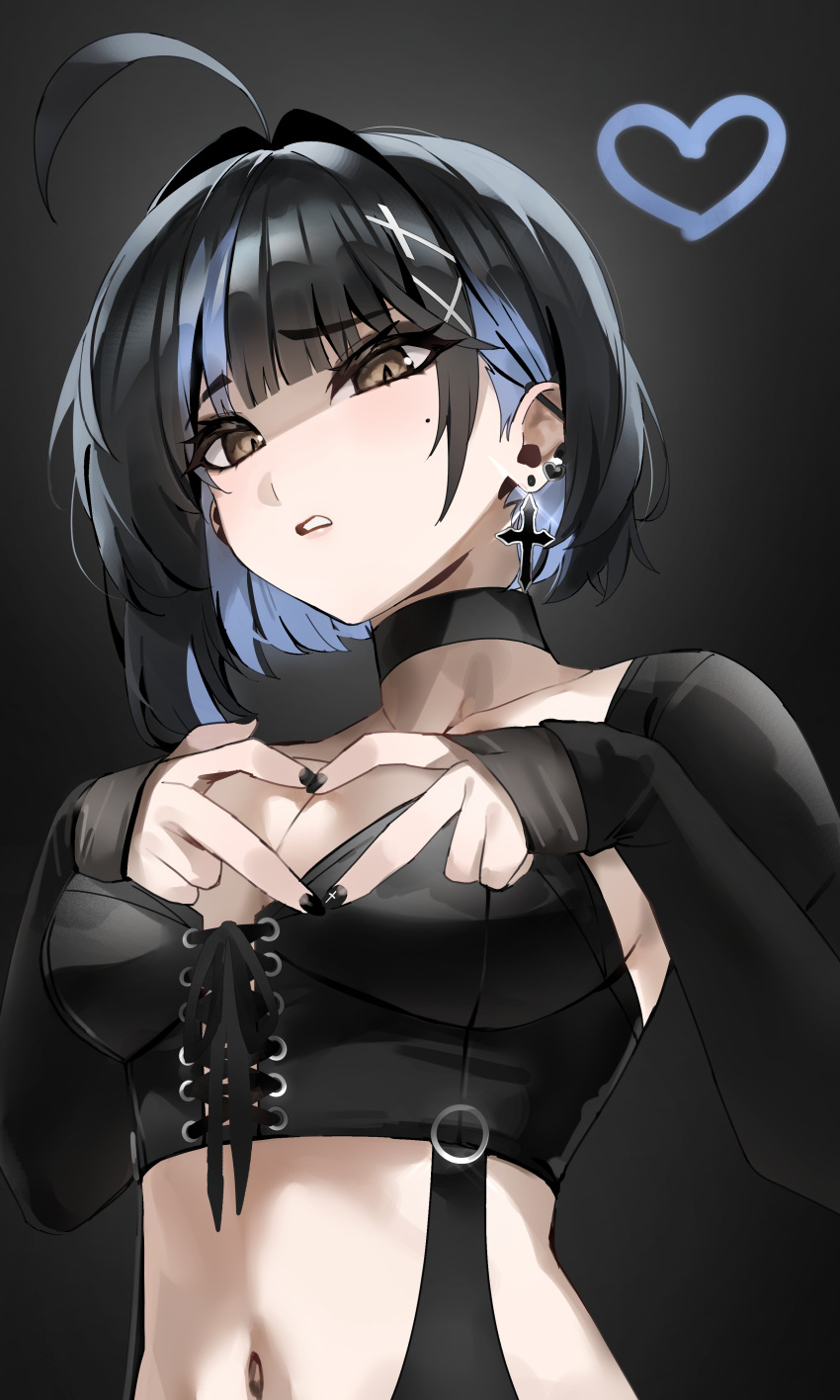 absurdres ahoge black_background black_choker black_hair black_nails blue_hair breasts brown_eyes choker cleavage colored_inner_hair cross cross_earrings earrings female fingernails hair_ornament heart heart_hands highres irene_(kanniiepan) jewelry kanniiepan looking_at_viewer medium_breasts mole mole_under_eye multicolored_hair navel original short_hair simple_background solo upper_body x_hair_ornament