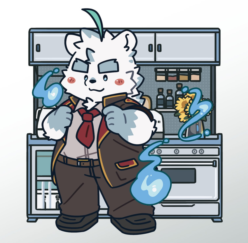 2023 anthro bear biped blush bottomwear chibi clothing hi_res kemono kitchen kitchen_utensils knights_college mammal pants paul_pfitzner polar_bear shirt solo tools topwear trzeko1 ursine