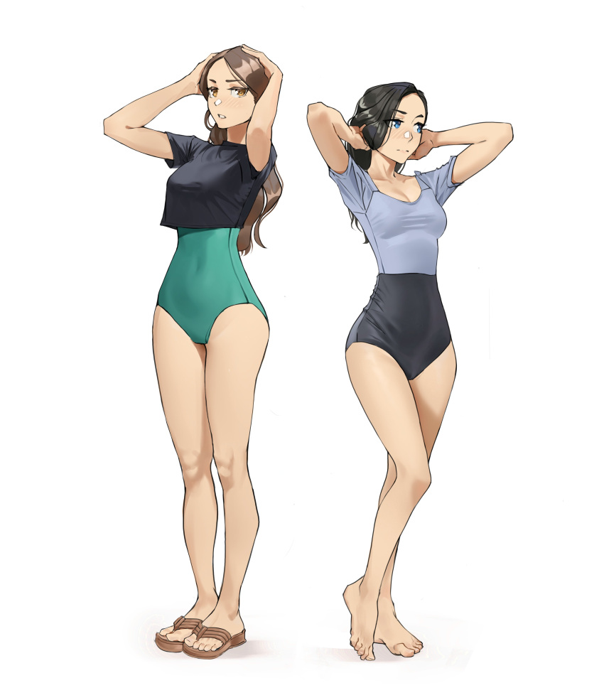 2girls absurdres arms_up barefoot black_hair blue_eyes blush breasts brown_eyes brown_footwear brown_hair cleavage closed_mouth collarbone commentary covered_navel feet flip-flops hands_in_own_hair heel_up highres legs long_hair looking_at_viewer looking_to_the_side medium_breasts multicolored_clothes multicolored_swimsuit multiple_girls one-piece_swimsuit open_mouth original sandals shirt simple_background swimsuit t-shirt tbocart teeth toenails toes white_background