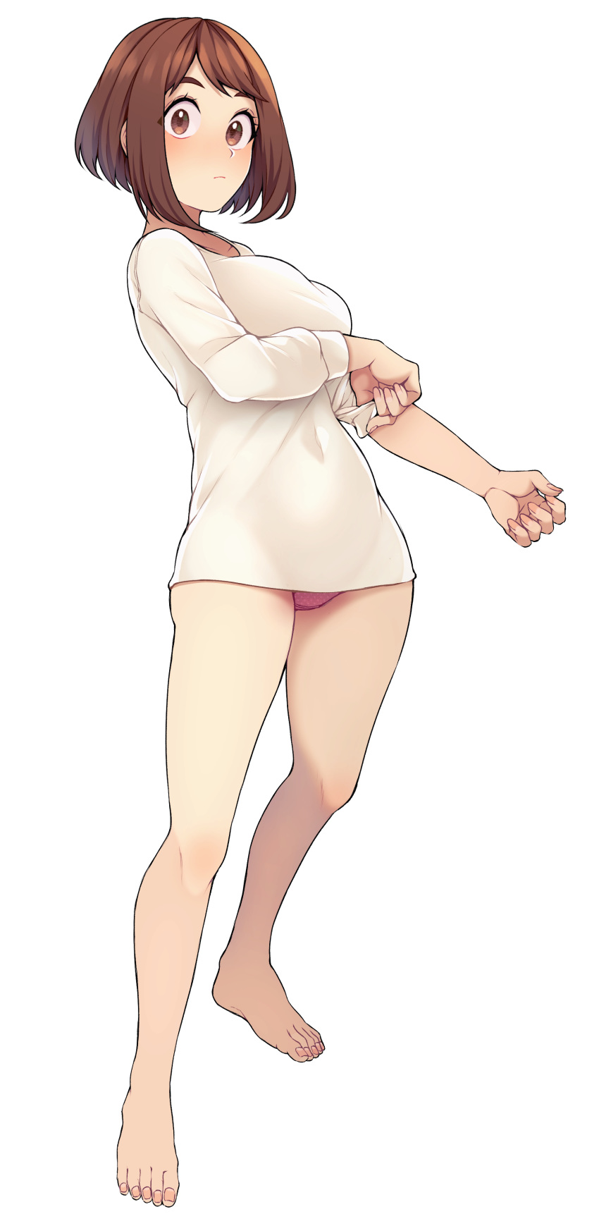 absurdres barefoot blush boku_no_hero_academia breasts brown_eyes brown_hair closed_mouth commentary_request covered_navel eyelashes female full_body highres holding holding_clothes holding_shirt knees kobaji long_sleeves looking_at_viewer panties pink_panties shirt short_hair solo standing toes underwear uniqlo uraraka_ochako white_shirt