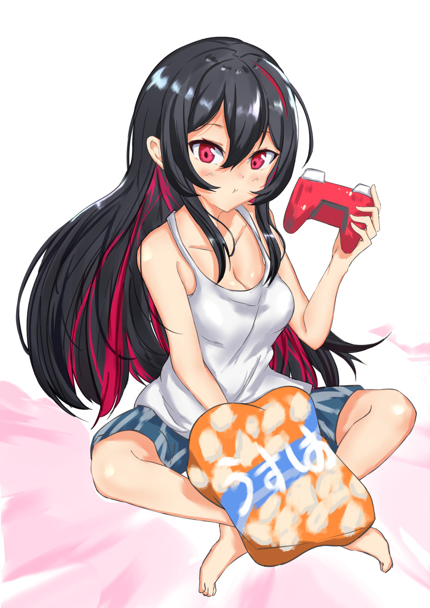 :t absurdres anemone_(anemone-re) bag_of_chips barefoot bed_sheet black_hair blush breasts camisole chips_(food) cleavage closed_mouth collarbone colored_inner_hair controller crossed_legs female food game_controller genderswap_(mtf) hair_between_eyes highres indian_style long_hair looking_at_viewer multicolored_hair potato_chips pout red_eyes red_hair ren_(witch's_weapon) rule_63 shorts sitting solo streaked_hair two-tone_hair very_long_hair white_background white_camisole witch's_weapon