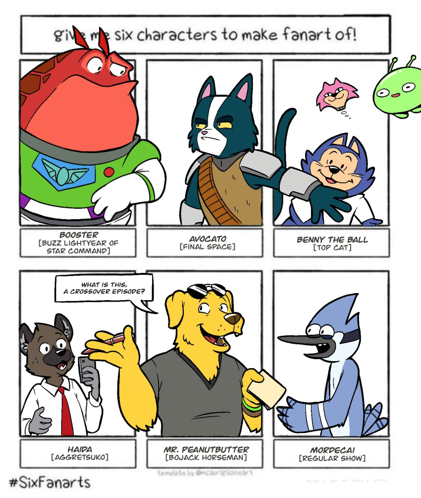 2020 4_fingers aggretsuko alien anthro armor avian avocato benny_the_ball bird bird_dog black_nose blue_body blue_feathers blue_fur blue_jay bojack_horseman booster_sinclair_munchapper brown_body brown_fur brown_nose buzz_lightyear_of_star_command canid canine canis cartoon_network cellphone choo-choo_(top_cat) clothing corvid dialogue digital_media_(artwork) disney domestic_cat domestic_dog electronics english_text eyewear eyewear_on_head feathers felid feline felis final_space fingers fur group haida_(aggretsuko) hanna-barbera heyitscousindave hi_res holding_note_pad holding_object holding_pen holding_phone holding_writing_utensil hunting_dog hyena jay_(bird) labrador male mammal meme mooncake_(final_space) mordecai_(regular_show) morse_code mr._peanutbutter necktie netflix new_world_jay open_mouth oscine passerine pen phone pink_nose pixar question_mark red_necktie regular_show retriever sanrio simple_background six_fanarts_challenge smartphone speech_bubble spotted_hyena sunglasses sunglasses_on_head tail tail_feathers text top_cat_(series) topwear v-neck ventrexian writing_utensil yellow_body yellow_eyes yellow_fur yellow_sclera