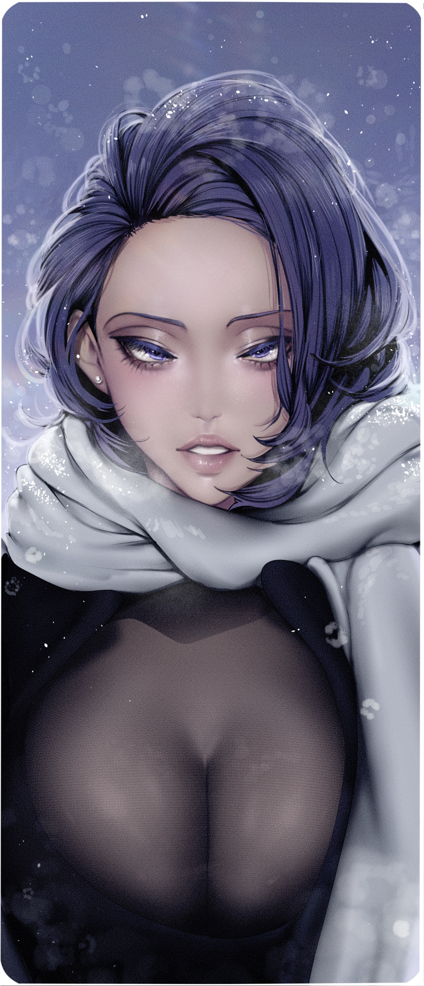 absurdres black_dress border brave_new_world breasts cleavage dress earrings female highres jewelry large_breasts looking_at_viewer medium_hair parted_lips purple_eyes purple_hair scarf see-through snow solo white_border white_scarf yoongonji