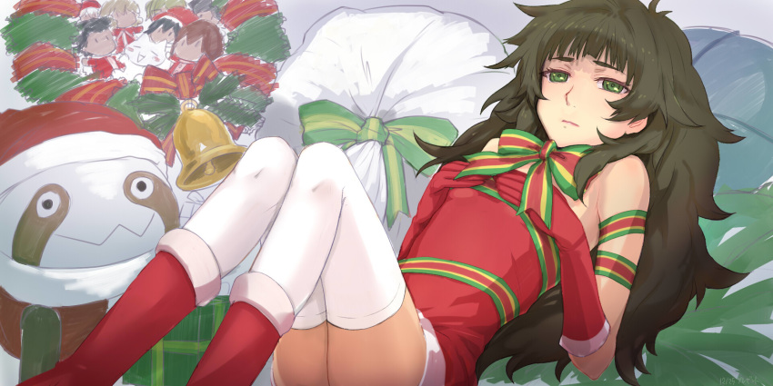 amane_suzuha bare_shoulders bell boots bow breasts christmas closed_mouth commentary_request covering_breasts covering_privates dress embarrassed female fur-trimmed_boots fur_trim gift_bag green_eyes green_hair highres hiyajou_maho lips long_hair looking_at_viewer lying makise_kurisu menomorute off-shoulder_dress off_shoulder okabe_rintarou on_back partial_commentary red_dress red_footwear ribbon santa_dress shiina_mayuri short_dress small_breasts solo steins;gate steins;gate_0 taut_clothes thick_eyebrows thighhighs thighs upa_(steins;gate) urushibara_ruka white_thighhighs wreath