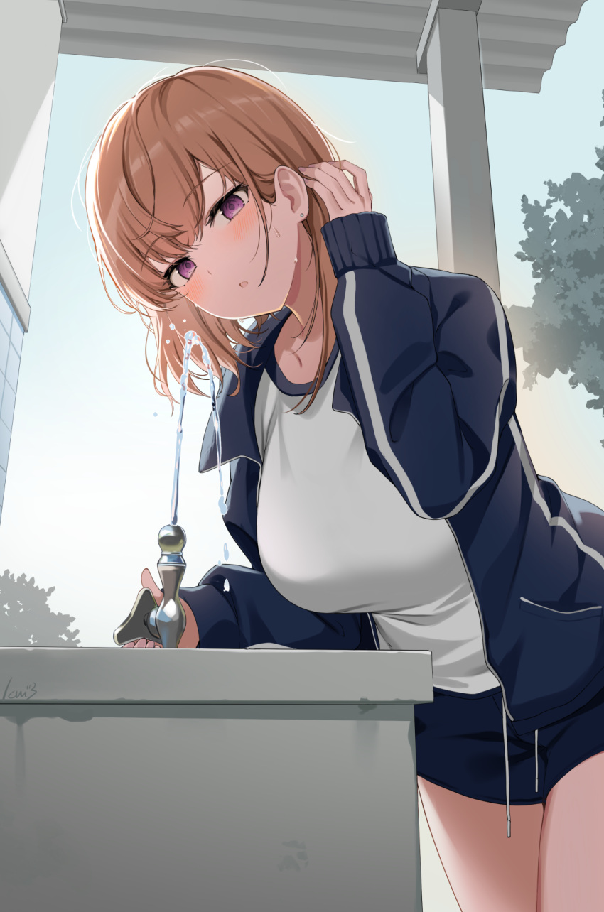 :o banned_artist blue_jacket blue_shorts blush breasts brown_hair commentary cowboy_shot day drinking_fountain ear_piercing eyebrows_visible_through_hair eyelashes female gym_uniform hand_in_hair highres icomochi jacket large_breasts leaning_forward long_sleeves looking_at_viewer medium_hair open_clothes open_jacket open_mouth original outdoors piercing purple_eyes shirt short_shorts shorts signature solo standing thighs track_jacket tree white_shirt