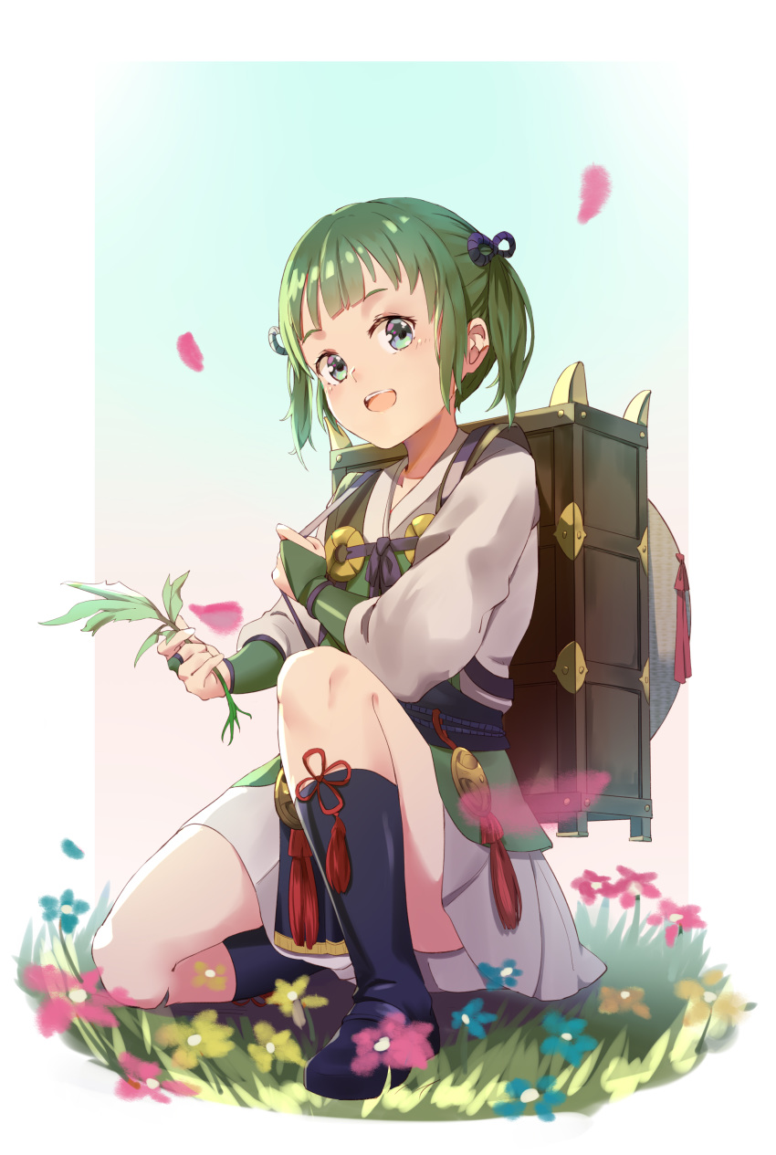 :d absurdres black_footwear black_socks blue_eyes blue_flower blush bridal_gauntlets brown_footwear commentary_request female fire_emblem fire_emblem_fates flower green_hair highres japanese_clothes kimono kneehighs loafers long_sleeves looking_at_viewer midori_(fire_emblem) migimura_sakimori obi on_one_knee open_mouth petals pleated_skirt red_flower sash shoes skirt smile socks solo teeth twintails upper_teeth_only white_kimono white_skirt yellow_flower