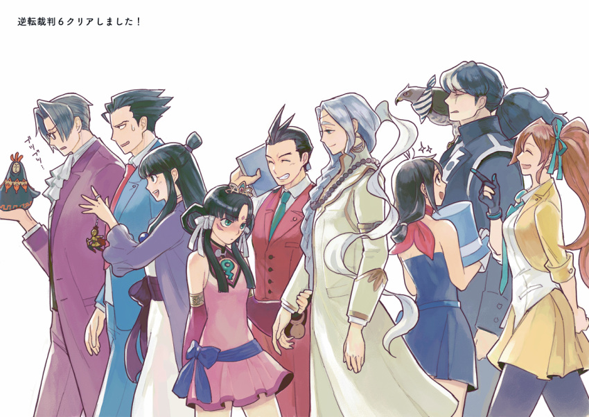 4girls 5boys animal_on_shoulder antenna_hair apollo_justice ascot athena_cykes bare_shoulders bird bird_on_shoulder black_hair blue_dress blue_headwear blue_necktie blue_suit blush bow braid brown_hair closed_eyes coffee_beans_(5offee8eans) collared_shirt cropped_jacket detached_sleeves dress facial_mark forehead_mark formal from_side glasses gloves green_eyes green_necktie grey_hair grin gyakuten_saiban hair_rings half_updo hanten_(clothes) hat hawk jacket japanese_clothes kimono long_hair long_sleeves magatama maya_fey miles_edgeworth multicolored_hair multiple_boys multiple_girls nahyuta_sahdmadhi naruhodou_ryuuichi neckerchief necktie open_mouth orange_hair pants partially_fingerless_gloves phoenix_wright:_ace_attorney_-_spirit_of_justice pink_dress pink_sash profile purple_bow purple_jacket rayfa_padma_khura'in red_neckerchief red_necktie red_pants red_sleeves red_vest sash shirt short_hair side_ponytail sidelocks simon_blackquill simple_background skirt smile sparkle standing suit sweatdrop taka_(ace_attorney) tiara top_hat topknot trucy_wright two-tone_hair vest waist_bow white_ascot white_hair white_shirt yellow_jacket yellow_skirt