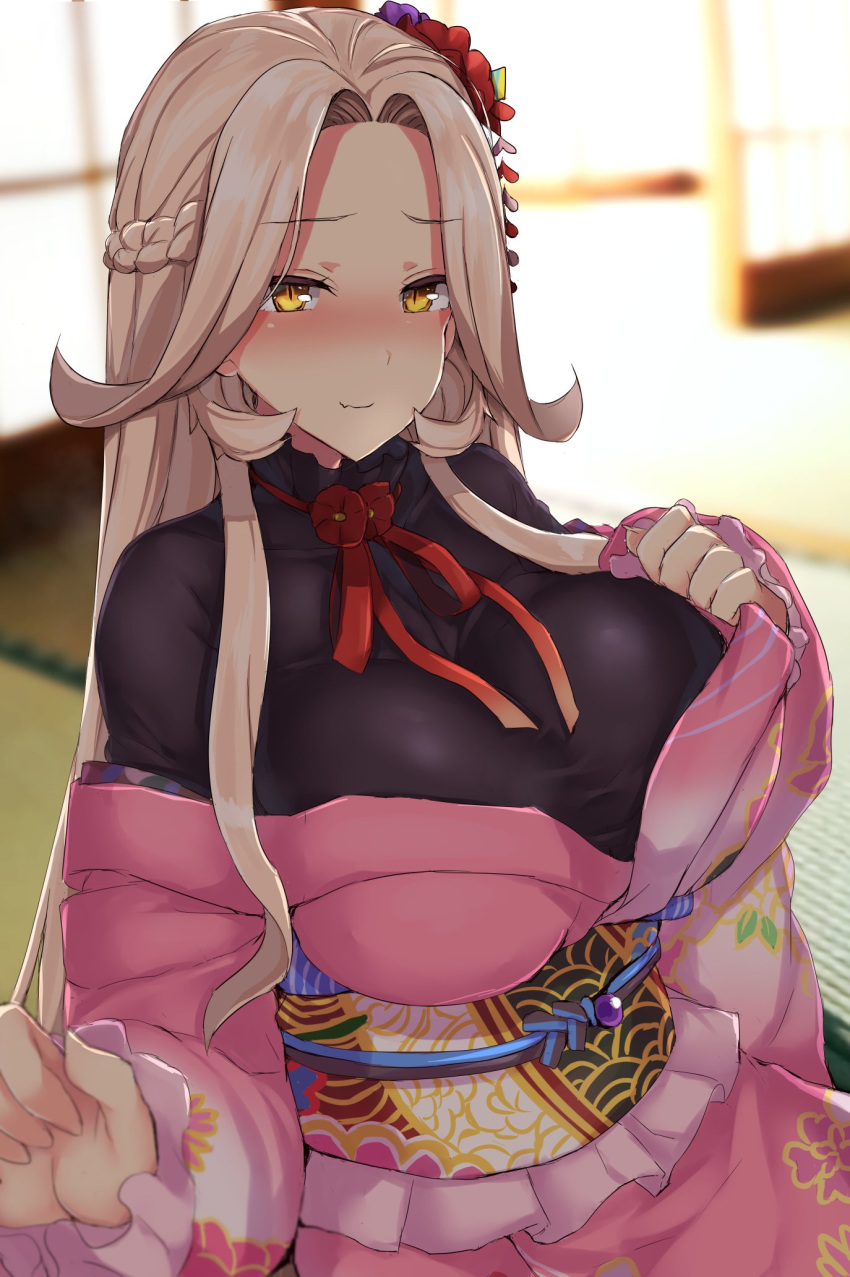 black_shirt blush braid breasts closed_mouth collarbone commentary fang_out female flower hair_between_eyes hair_flower hair_ornament highres indoors japanese_clothes kimono large_breasts long_hair looking_at_viewer nijisanji nui_sociere nui_sociere_(3rd_costume) obi ocha_(ochappie) oerba_yun_fang off_shoulder parted_bangs photo_background pink_kimono sash shirt smile solo tatami very_long_hair virtual_youtuber yellow_eyes