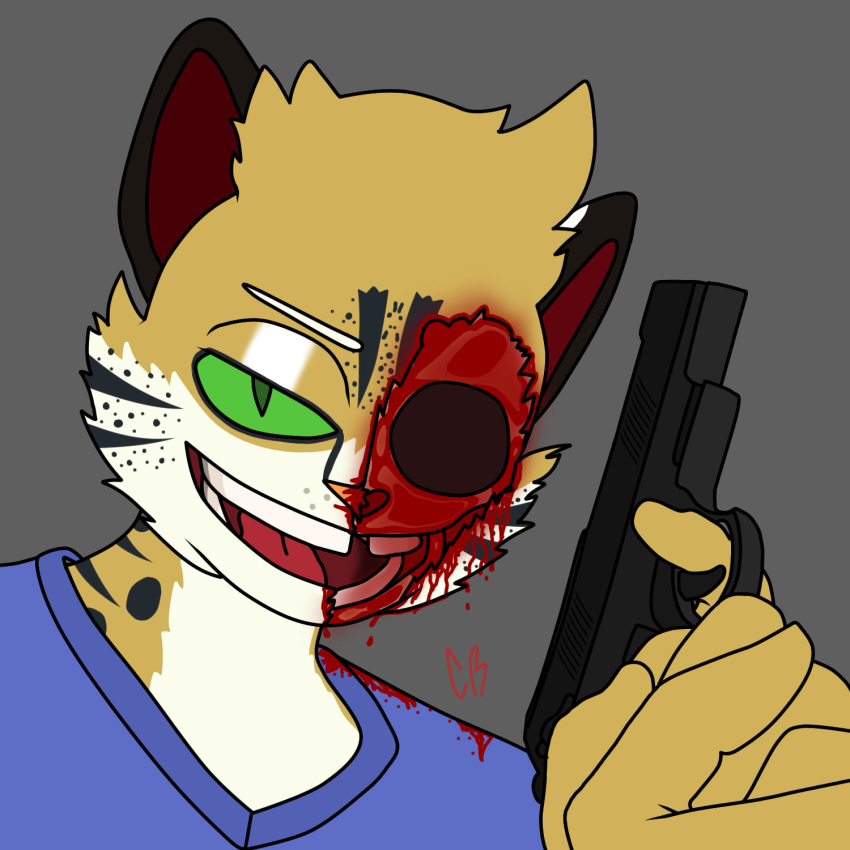 1:1 anthro blood bodily_fluids bone clothed clothing cyberrodrigo felid feline gore gun half_face hi_res holding_gun holding_object holding_ranged_weapon holding_weapon humanoid leopardus male mammal ocelot ranged_weapon rodrigo_(cyberrodrigo) skull smile smiling_at_viewer solo weapon