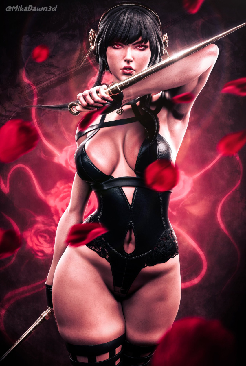 assassin big_breasts bodysuit cleavage cleavage_cutout cleavage_window knife leather leather_clothing mikadawn realistic spy_x_family stiletto_(weapon) thorn_princess yor_briar yor_forger