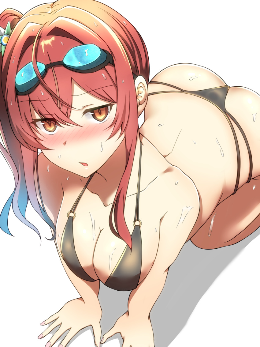 4tb_(4tera_byte) all_fours azur_lane bikini black_bikini blush breasts commentary female goggles goggles_on_head highleg highleg_bikini highres looking_at_viewer multi-strapped_bikini nose_blush o-ring o-ring_bikini official_alternate_costume open_mouth red_eyes red_hair side_ponytail sideboob skindentation swimsuit whistle whistle_around_neck zara_(azur_lane) zara_(poolside_coincidence)_(azur_lane)