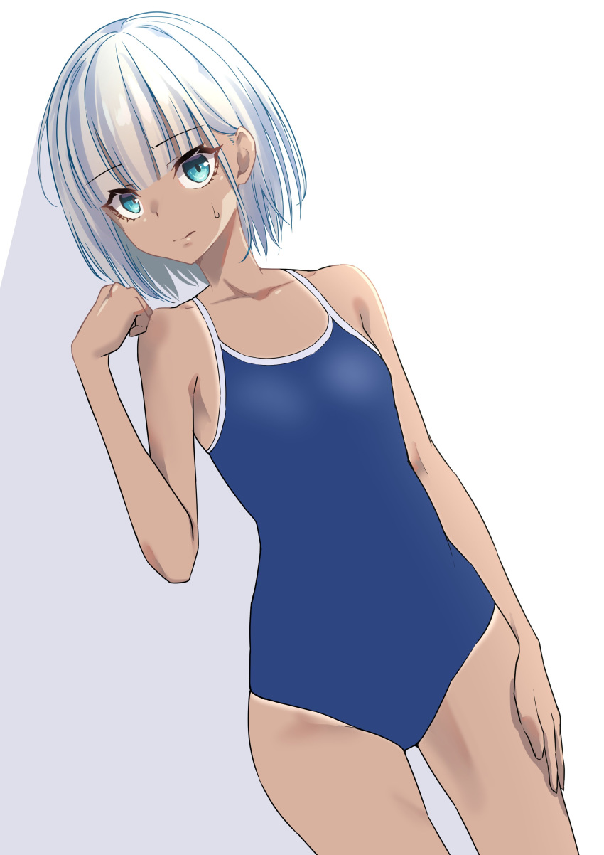 absurdres blue_eyes blue_one-piece_swimsuit blunt_bangs bob_cut clenched_hand closed_mouth collarbone commentary_request competition_school_swimsuit cowboy_shot dutch_angle female flat_chest hand_on_own_thigh hand_up highres legs_apart looking_at_viewer one-piece_swimsuit original sarujie_(broken_monky) school_swimsuit shadow short_hair simple_background solo standing straight_hair sweatdrop swimsuit tan tanlines white_background white_hair wide_hips