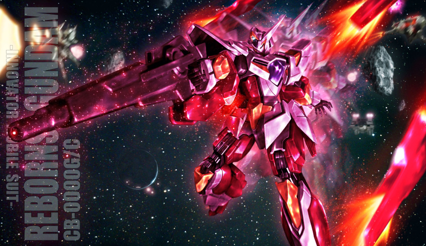 absurdres aiming asteroid beam_rifle box_art character_name energy_gun explosion fake_box_art flying funnels_(gundam) green_eyes gun gundam gundam_00 highres holding holding_gun holding_weapon looking_down mecha no_humans open_hand planet reborns_gundam robot science_fiction solo space tom_liu trans-am v-fin weapon