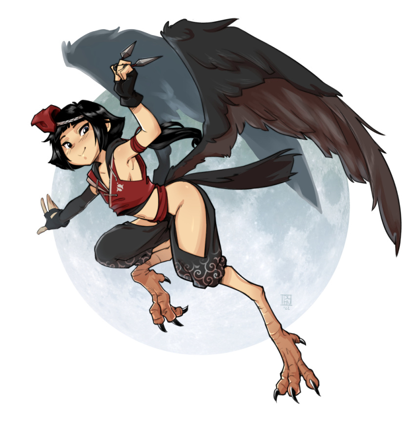 bare_shoulders bird_legs bird_tail black_eyes black_feathers black_gloves black_hair black_wings commentary dalehan english_commentary feathers female fingerless_gloves gloves half-harpy hip_vent holding holding_weapon hood hood_down kunai midriff monster_girl moon navel original short_hair short_hair_with_long_locks smile solo tail talons weapon wings