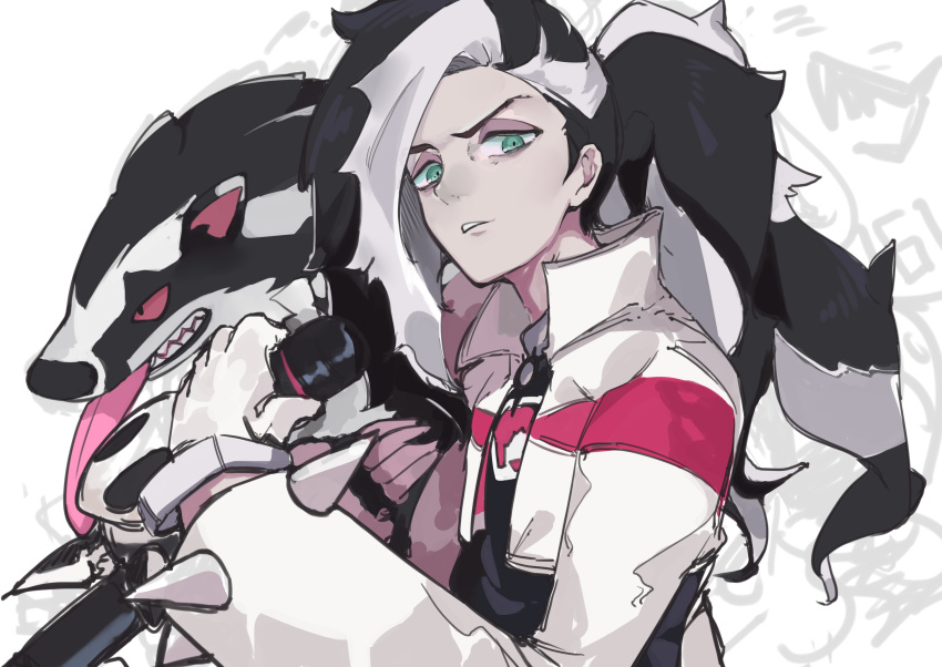 1boy black_hair commentary_request cropped_jacket eyeshadow gloves green_eyes grey_eyeshadow hand_up highres holding holding_microphone jacket long_hair looking_at_viewer makeup male_focus microphone mimizuku_(mmiganaru) multicolored_hair obstagoon pale_skin parted_lips piers_(pokemon) pokemon pokemon_(creature) pokemon_swsh shirt two-tone_hair upper_body white_hair white_jacket