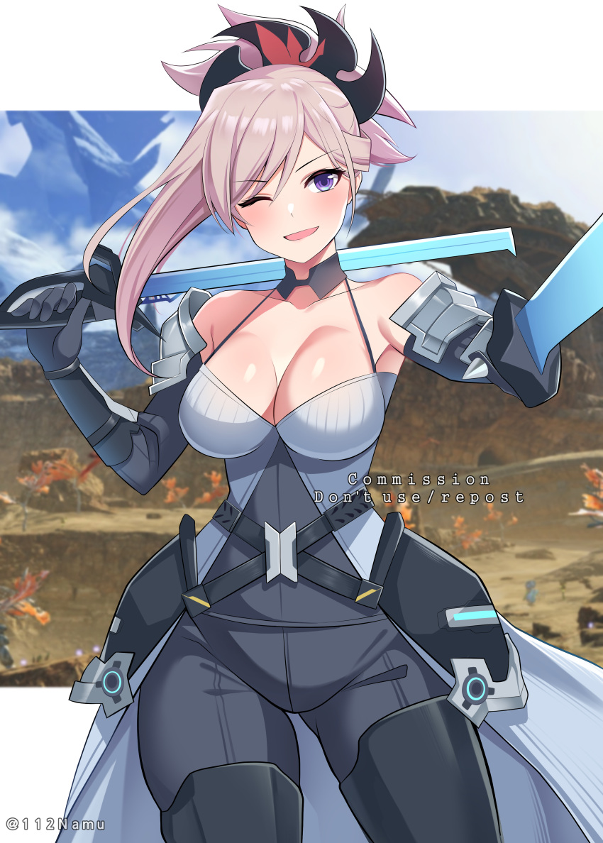 ;d absurdres bad_arm bare_shoulders black_bodysuit black_footwear bodysuit boots breasts brown_hair cleavage collarbone commentary_request commission cosplay dual_wielding ethel_(xenoblade) ethel_(xenoblade)_(cosplay) fate/grand_order fate_(series) female hair_between_eyes head_tilt highres holding holding_sword holding_weapon large_breasts long_hair looking_at_viewer miyamoto_musashi_(fate) namu_(112namu) one_eye_closed pixiv_commission purple_eyes smile solo sword thigh_boots watermark weapon xenoblade_chronicles_(series) xenoblade_chronicles_3