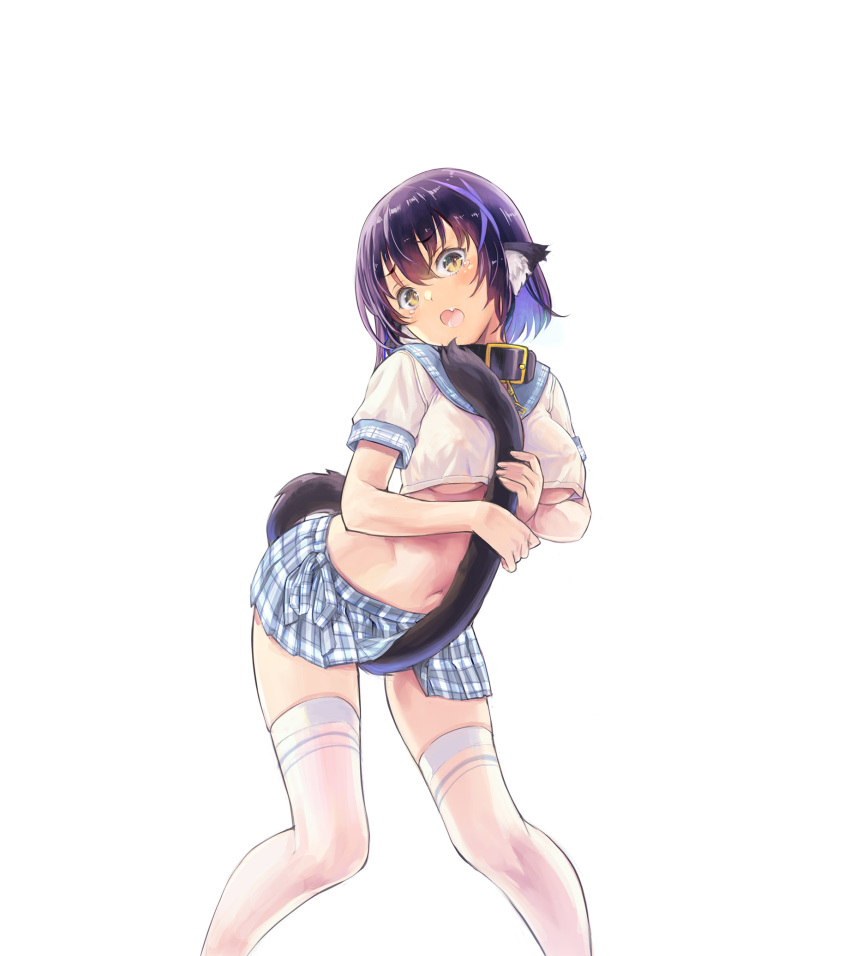 animal_ear_fluff animal_ears between_legs black_collar breasts collar commentary_request crop_top female head_tilt highres holding_own_tail indie_virtual_youtuber kiyama_satoshi kuroike_momimi leaning_forward looking_at_viewer medium_breasts miniskirt navel oerba_yun_fang open_mouth plaid plaid_skirt pleated_skirt purple_hair shirt short_sleeves simple_background skirt solo stomach tail tail_between_legs tareme tearing_up timestamp underboob virtual_youtuber white_background white_shirt yellow_eyes