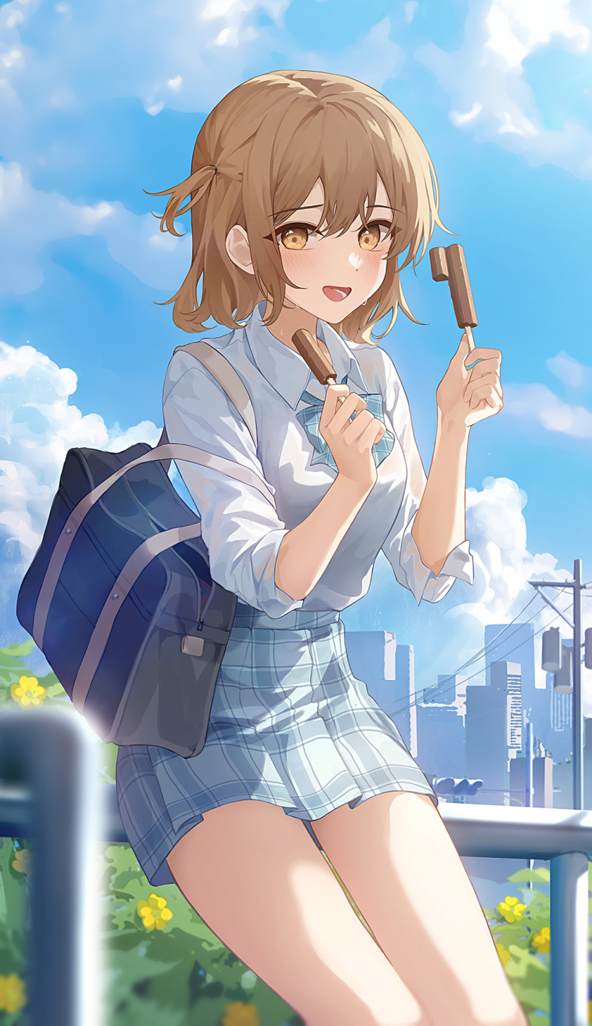 bad_id bad_twitter_id bag blonde_hair blue_bow blue_bowtie blue_skirt blue_sky blush bow bowtie brown_eyes building cloud collared_shirt dotz double_popsicle dress_shirt female food hands_up highres holding holding_food long_sleeves looking_at_viewer open_mouth original outdoors plaid plaid_skirt pleated_skirt popsicle school_bag school_uniform shirt short_hair skirt sky smile solo standing tree unequal_popsicle_division utility_pole white_shirt