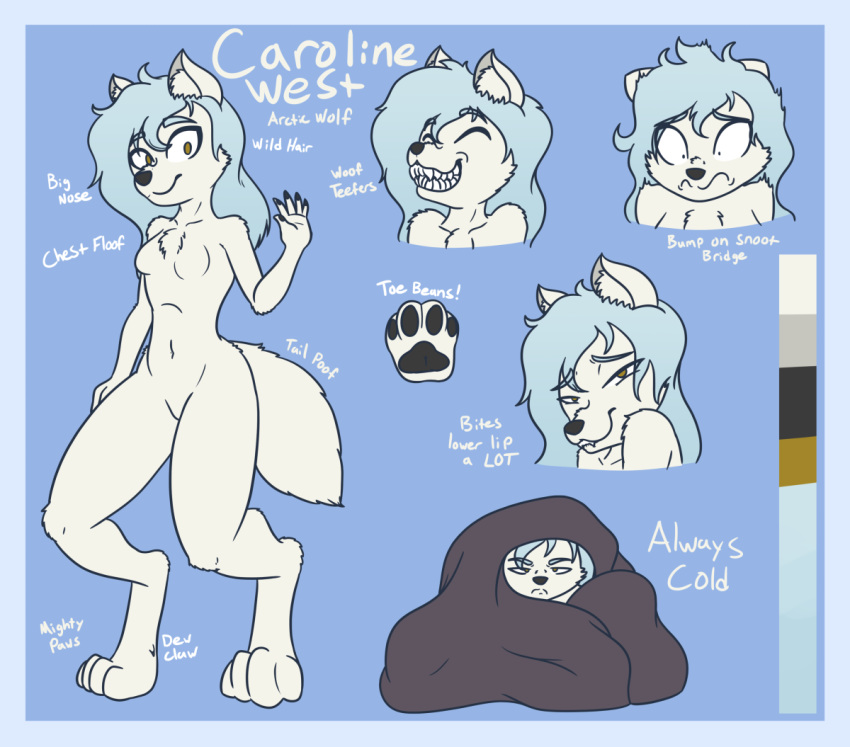 anthro bedding bite biting_lip black_nose blanket blue_border blue_hair border breasts canid canine canis caroline_west color_swatch featureless_breasts female fur grin hair mammal model_sheet navel nude pawpads smile solo teeth terdburgler white_body white_fur wolf yellow_eyes