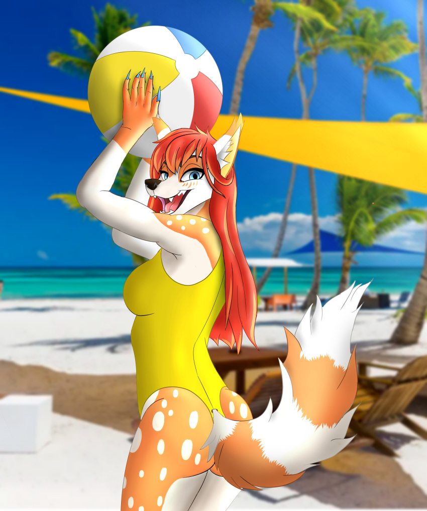 absurd_res ailurid anthro ass ball beach beach_ball bear blurred_background breasts clothed clothing colored digital_media_(artwork) dot female fur giant_panda hair happy hi_res holding_object hybrid inflatable looking_at_viewer lucareelo mammal markings medium_breasts one-piece_swimsuit orange_body outside photo_background photography_(artwork) portrait procyonid raccoon raised_arms red_hair red_panda sand sea seaside side_view sky slim small_butt smile solo spots spotted_body spotted_fur standing swimwear three-quarter_portrait water