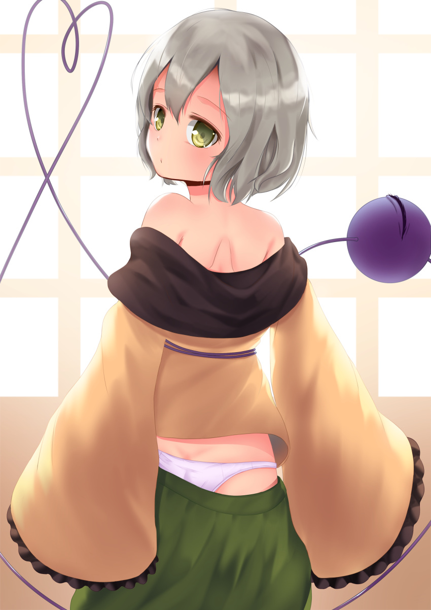 absurdres ass blouse closed_mouth female from_behind green_eyes green_skirt grey_hair hair_between_eyes highres komeiji_koishi light long_sleeves looking_at_viewer mantou_xiang no_headwear panties shadow shirt short_hair skirt solo standing third_eye touhou underwear wall white_panties wide_sleeves window yellow_shirt