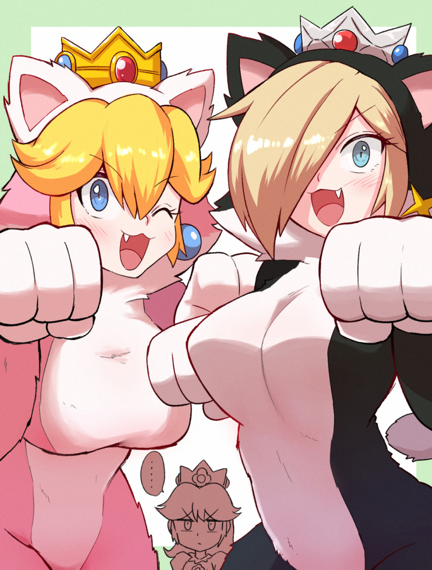 ... 3girls :3 animal_costume animal_ears black_bodysuit blonde_hair blue_eyes blush bodysuit breasts cat_costume cat_ears cat_peach cat_rosalina cat_tail commentary crown earrings fake_animal_ears hair_between_eyes hair_over_one_eye highres jewelry kurachi_mizuki large_breasts looking_at_viewer mario_(series) multiple_girls oerba_yun_fang one_eye_closed open_mouth paw_pose pink_bodysuit princess_daisy princess_peach rosalina star_(symbol) star_earrings super_mario_3d_world tail