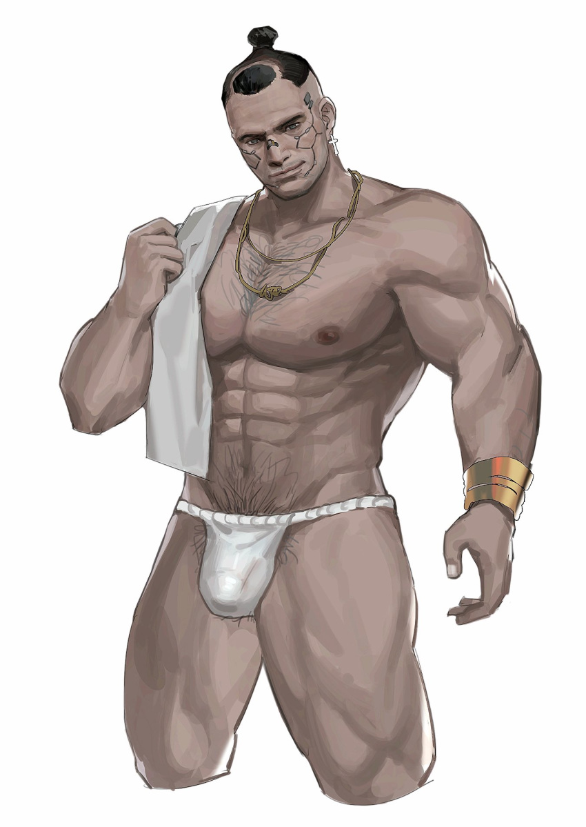 1boy abs bara bulge chest_hair cropped_legs cross cross_earrings cyberpunk_(series) cyberpunk_2077 earrings facial_tattoo fundoshi hairy highres jackie_welles japanese_clothes jewelry large_pectorals looking_at_viewer male_focus male_pubic_hair male_underwear muscular muscular_male navel navel_hair necklace nipples pectorals pubic_hair short_hair smile solo stomach tattoo thick_thighs thighs tied_hair topless_male towel towel_around_neck undercut underwear underwear_only white_background white_male_underwear yamariceball