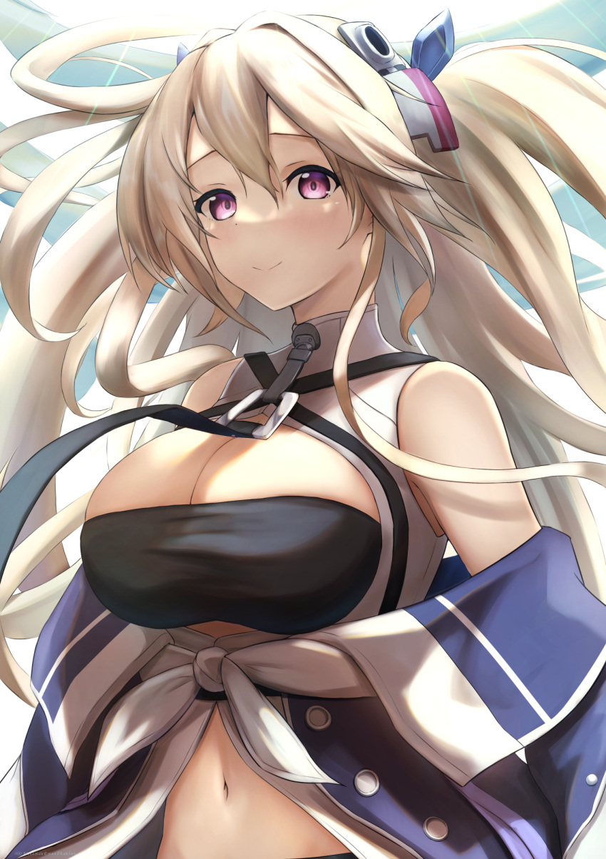 amano_kusatsu anchorage_(azur_lane) azur_lane bare_shoulders black_neckwear black_shorts blue_coat blush breasts brown_hair cleavage closed_mouth coat commentary_request female floating_hair groin hair_between_eyes halo headgear highres large_breasts light_rays long_hair long_sleeves looking_at_viewer mechanical_halo midriff navel off_shoulder partial_commentary purple_eyes shirt shorts sidelocks simple_background sleeveless sleeveless_shirt smile solo standing tied_shirt twintails twitter_username upper_body very_long_hair white_background white_shirt