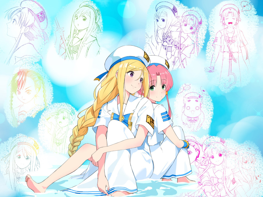 4girls aika_granzchesta alice_carroll alicia_florence andanden aria_(manga) aria_company_uniform aria_pokoteng barefoot beret blonde_hair blue_bow blue_bowtie blue_gloves blush bow bowtie bracelet braid braided_ponytail closed_mouth commentary_request dress eyelashes feet full_body gloves green_eyes hair_between_eyes hair_tubes hat hat_ribbon highres jewelry knees_up lens_flare long_hair looking_at_another looking_at_viewer looking_back mizunashi_akari multiple_girls multiple_views musical_note on_ground open_mouth outdoors parted_bangs partially_submerged ponytail portrait purple_eyes ribbon short_hair_with_long_locks short_sleeves side_slit sidelocks sitting smile spoken_musical_note standing toes white_dress white_headwear