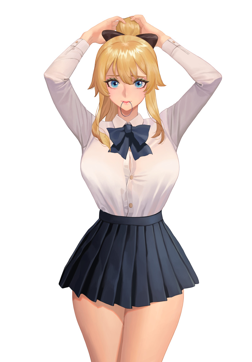 absurdres adjusting_hair arms_up blonde_hair blue_eyes bow bowtie breasts button_gap collared_shirt commentary cowboy_shot female genshin_impact hair_tie_in_mouth hairbow highres hongcasso jean_(genshin_impact) large_breasts long_sleeves looking_at_viewer mouth_hold pleated_skirt ponytail school_uniform shirt simple_background skirt solo tented_shirt tying_hair white_background