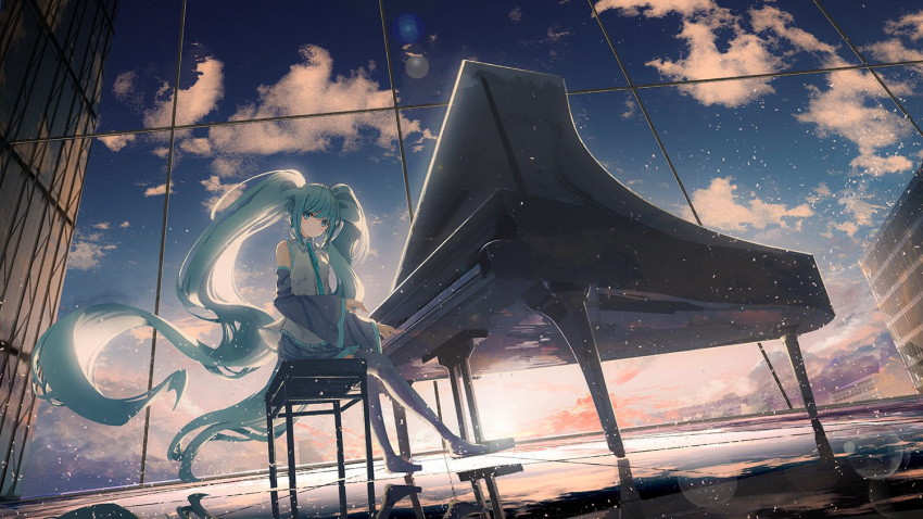 backlighting bare_shoulders bench black_footwear black_skirt blue_eyes blue_hair blue_necktie blue_sky boots breasts building chocoshi closed_mouth cloud cloudy_sky collared_shirt commentary detached_sleeves dot_nose dutch_angle female floating_hair from_below grand_piano grey_shirt hatsune_miku indoors instrument lens_flare light_blush light_particles light_smile long_hair music necktie on_bench piano piano_bench playing_instrument pleated_skirt reflection reflective_floor shirt sitting skirt sky sleeveless sleeveless_shirt small_breasts solo sunlight sunset thigh_boots thighhighs twintails very_long_hair vocaloid wide_shot window