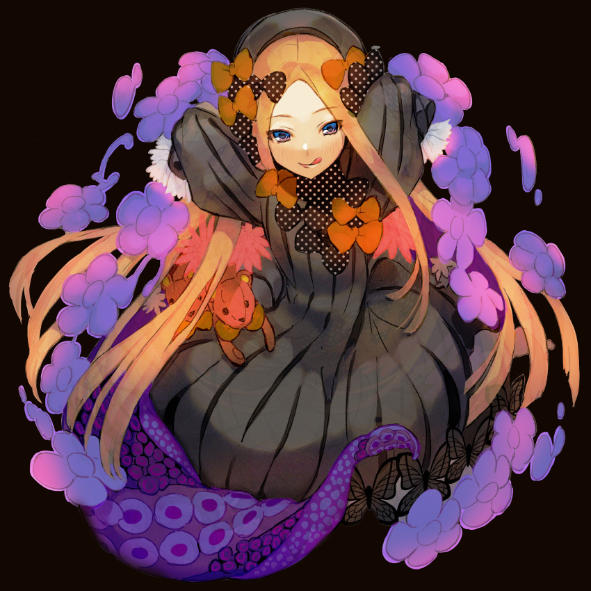 abigail_williams_(fate) akasakak black_background black_bow black_dress black_hat blonde_hair blue_eyes bow breasts dress fate/grand_order fate_(series) female forehead hairbow hat highres long_hair long_sleeves looking_at_viewer multiple_hair_bows orange_bow parted_bangs polka_dot polka_dot_bow ribbed_dress sleeves_past_fingers sleeves_past_wrists small_breasts smile solo stuffed_animal stuffed_toy teddy_bear tentacle