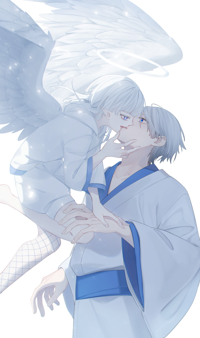 1boy absurdres angel angel_wings blue_eyes female halo highres hood hood_down hoodie japanese_clothes kimono kissing medium_hair multicolored_eyes original pointy_ears purple_eyes short_hair straight tsuki_mitsu white_background white_hair white_hoodie white_kimono wings