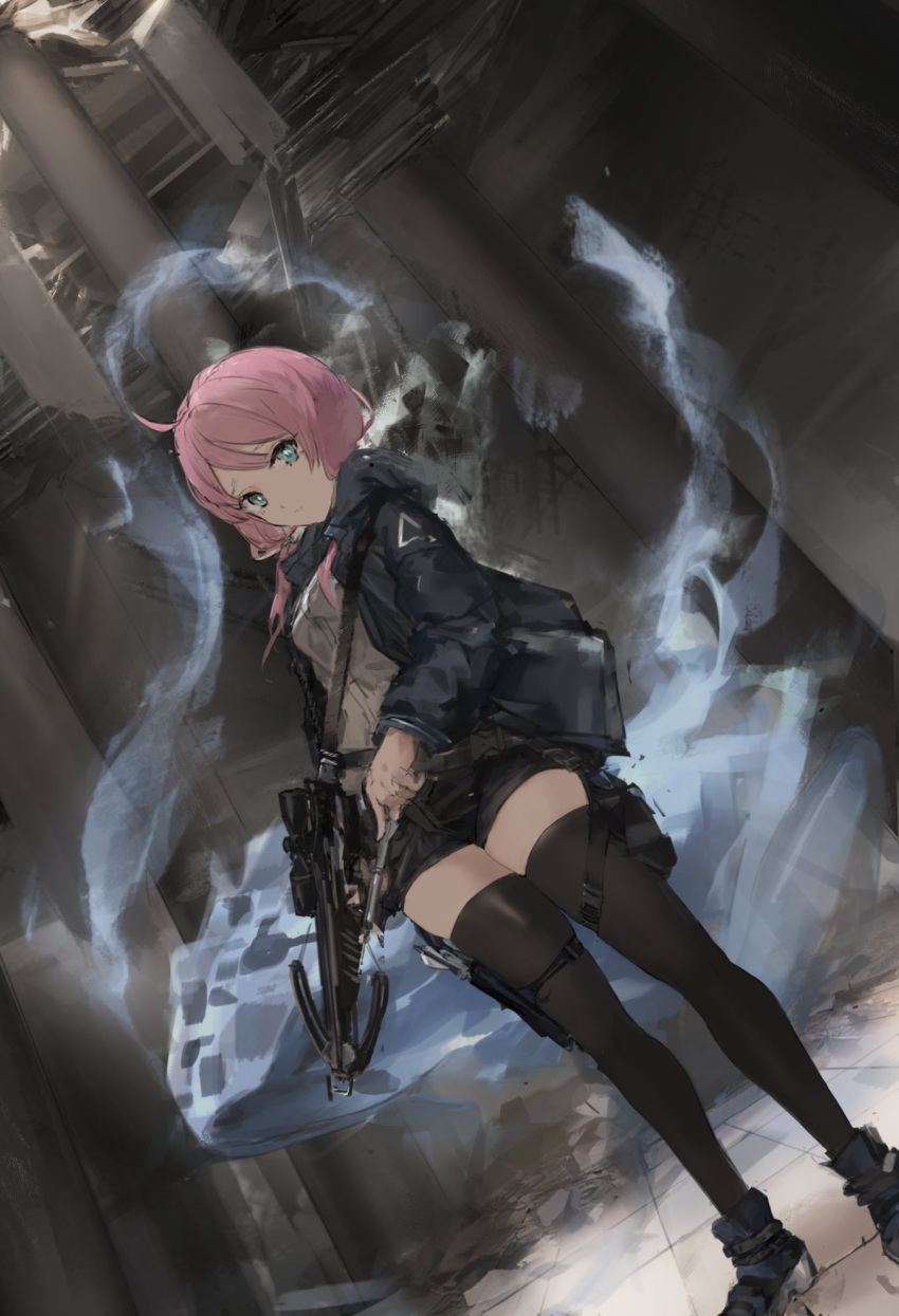 arknights blue_eyes blue_poison_(arknights) blue_poison_(elite_ii)_(arknights) crossbow female highres holding holding_crossbow holding_weapon hood hood_down hooded_jacket jacket low_twintails pink_hair shorts solo thighhighs twintails unitsu weapon zettai_ryouiki