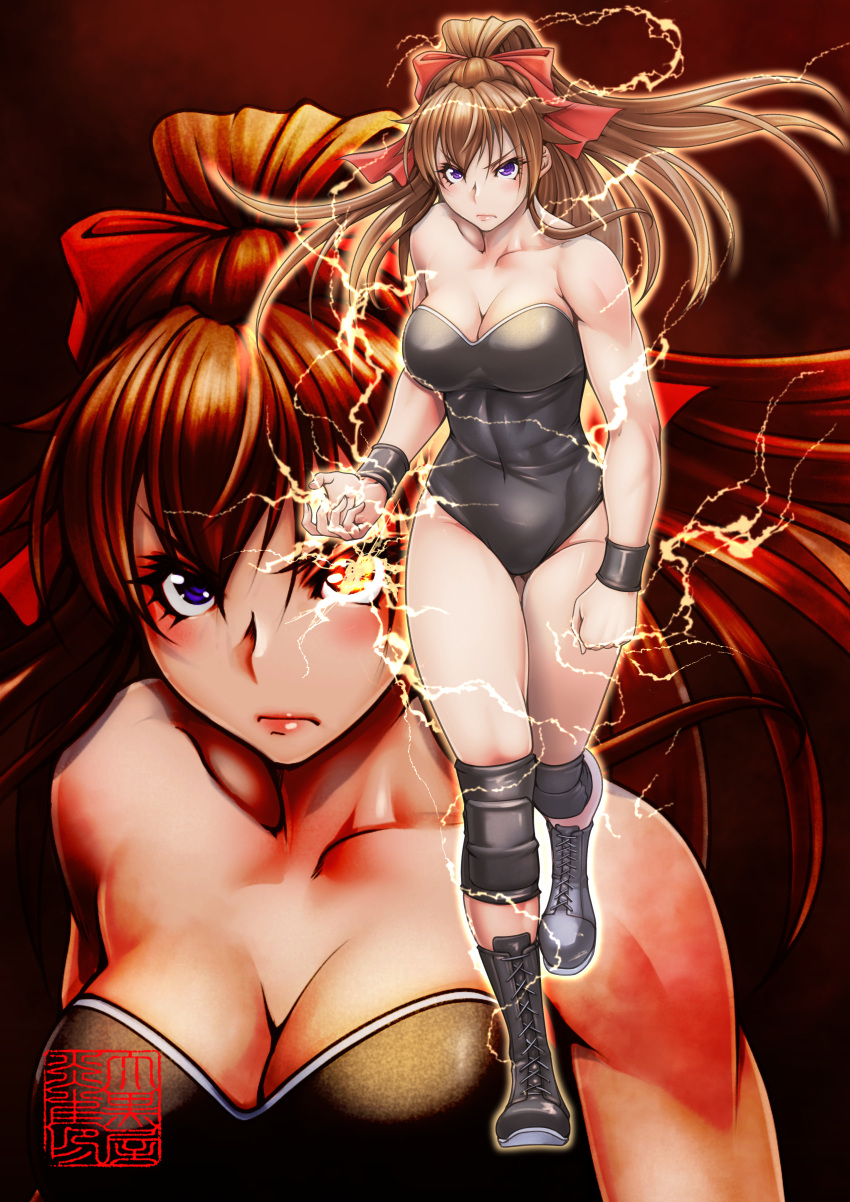 absurdres bad_id bad_pixiv_id black_background black_leotard boots bow breasts brown_hair collarbone covered_navel cross-laced_footwear daikokuya_yenjaku electricity female full_body gradient_background hairbow highres knee_pads lace-up_boots leotard lips logo long_hair looking_at_viewer medium_breasts ponytail purple_eyes red_background red_bow solo thunder_ryuko wrestle_angels wrestle_angels_survivor wrestler wrestling_outfit