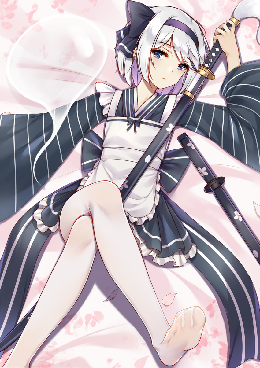 alternate_costume apron black_ribbon blue_eyes cherry_blossom_print cherry_blossoms closed_mouth commentary feet female flan_(seeyouflan) floral_print frilled_apron frilled_skirt frills hair_ribbon hairband head_tilt highres japanese_clothes katana konpaku_youmu konpaku_youmu_(ghost) legs long_sleeves looking_at_viewer lying maid miniskirt no_shoes obi on_back pantyhose photoshop_(medium) ribbon sash sheath sheathed short_hair skirt soles swept_bangs sword toes touhou unsheathing wa_maid weapon white_apron white_hair white_legwear wide_sleeves