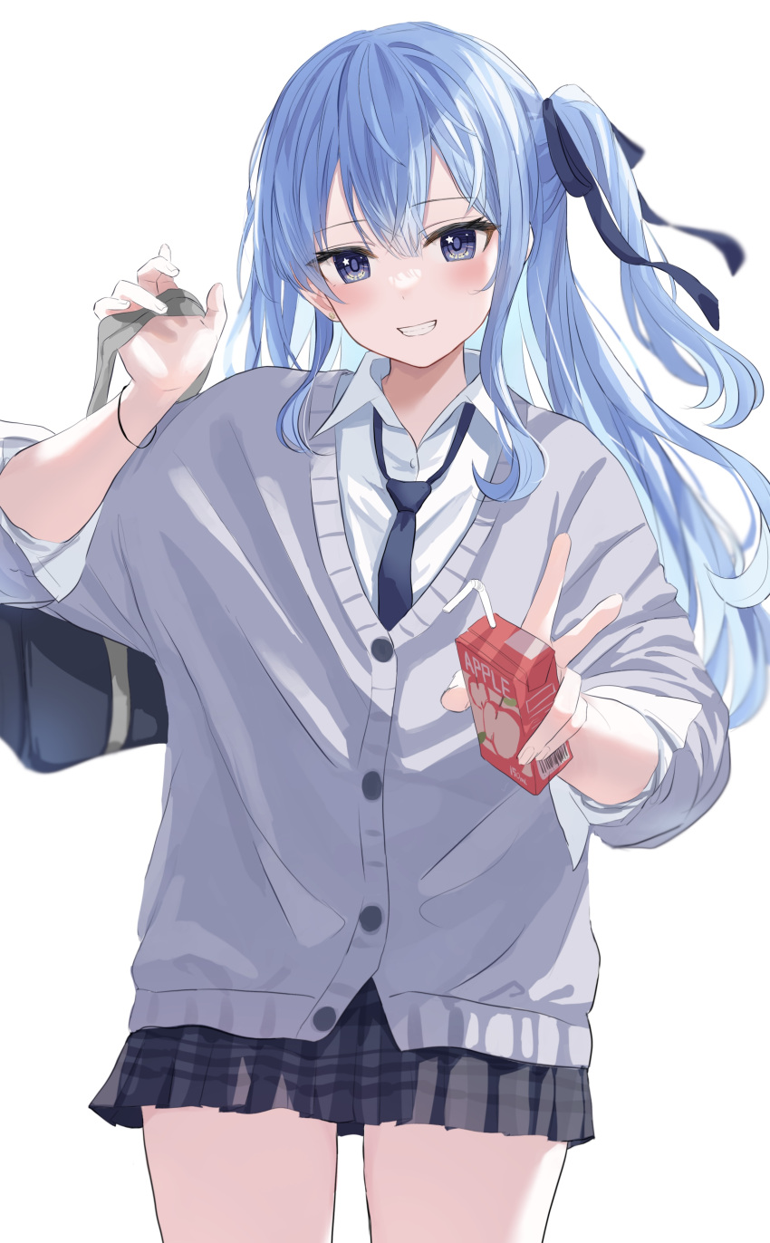 absurdres bag blue_eyes blue_hair blush bow bowtie collared_shirt commentary female grey_skirt hair_between_eyes hairbow highres holding hololive hoshimachi_suisei juice_box long_hair long_sleeves looking_at_viewer mei_am0 official_alternate_hair_length official_alternate_hairstyle plaid plaid_skirt pleated_skirt school_bag school_uniform shirt simple_background skirt smile solo star_(symbol) star_in_eye sweater symbol_in_eye v virtual_youtuber white_shirt