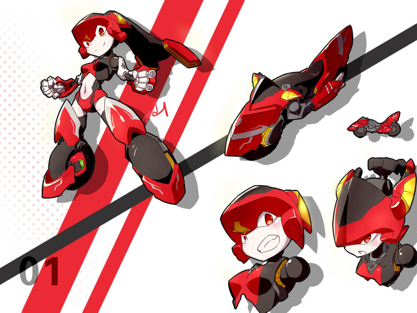 bingshan clenched_hands clenched_teeth female looking_ahead looking_down magic_henshin motor_vehicle motorcycle multiple_views official_art photoshop_(medium) red_eyes robot scarlet_sonic teeth