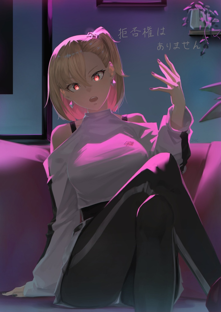 ashizawa_saki black_pants breasts brown_eyes clothing_cutout collarbone crossed_legs earrings female glowing glowing_eyes hair_behind_ear hair_between_eyes head_tilt highres jewelry jhc_kai looking_at_viewer medium_breasts open_hand pants purple_eyes riot_music shoulder_cutout side_ponytail smile solo sweater sweatpants virtual_youtuber white_sweater