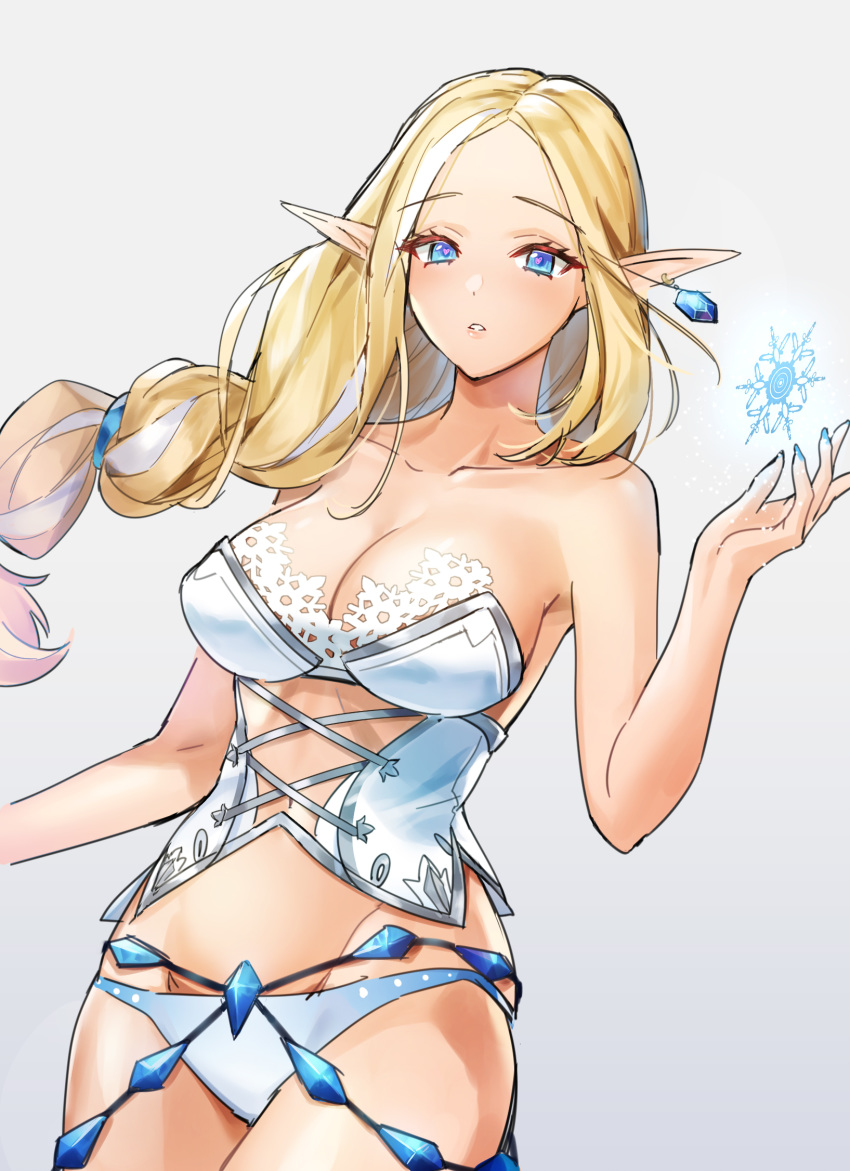 bare_arms bare_shoulders bikini blonde_hair blue_eyes braid breasts chibi_vanille cleavage collarbone cowboy_shot elf female forehead gradient_background groin highres king's_raid large_breasts long_hair looking_at_viewer lorraine_(king's_raid) multicolored_hair parted_bangs photoshop_(medium) pointy_ears sidelocks single_braid snowflakes solo strapless strapless_bikini streaked_hair swimsuit white_background white_bikini