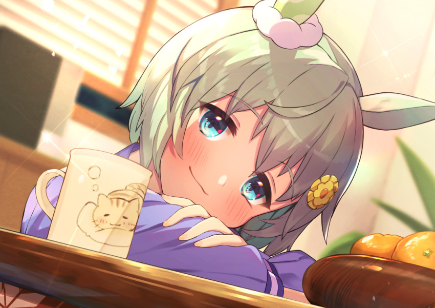 animal_ears blue_eyes blush bowl closed_mouth commentary_request cup ear_covers female flower food fruit grey_hair hair_flower hair_ornament hairclip heart holding horse_ears horse_girl indoors long_sleeves looking_at_viewer mandarin_orange panda_inu pov_adoring seiun_sky_(umamusume) short_hair smile solo sparkle table umamusume