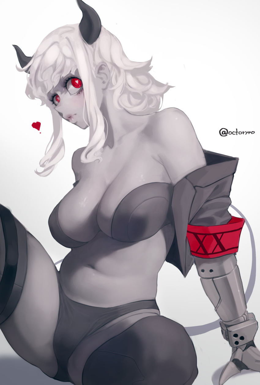 breasts commentary_request cosplay demon_girl demon_horns demon_tail female helltaker highres horns judgement_(helltaker) judgement_(helltaker)_(cosplay) metal_gloves modeus_(helltaker) navel octorypo red_eyes spread_legs tail white_hair