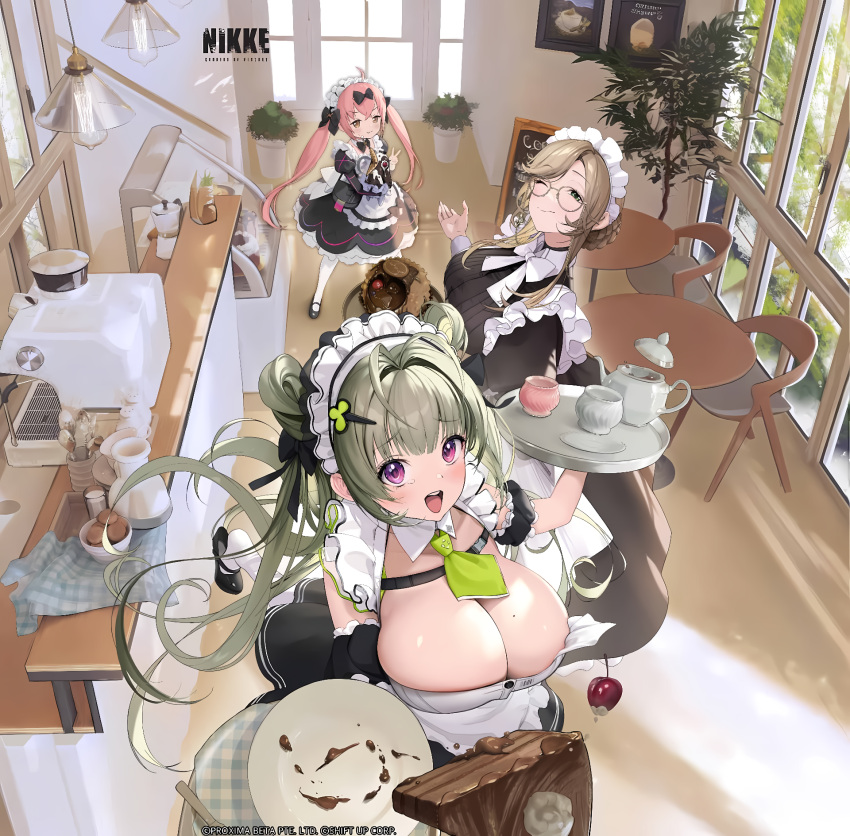 3girls ade_(nikke) ahoge ai-generated apron black_dress black_footwear black_shirt black_skirt blonde_hair bow braid breasts cake chocolate chocolate_cake cleavage cocoa_(nikke) collar copyright_name cup doll door dress dropping food glasses goddess_of_victory:_nikke green_eyes green_hair hair_ornament heart highres holding holding_tray huge_breasts large_breasts long_hair long_sleeves maid maid_apron maid_headdress medium_hair multiple_girls necktie official_art one_eye_closed orange_eyes petite picture_frame pink_hair plant plate purple_eyes round_table second-party_source shirt sidelocks skirt small_breasts smile soda_(nikke) stairs strap table teapot teeth tray twintails v white_apron