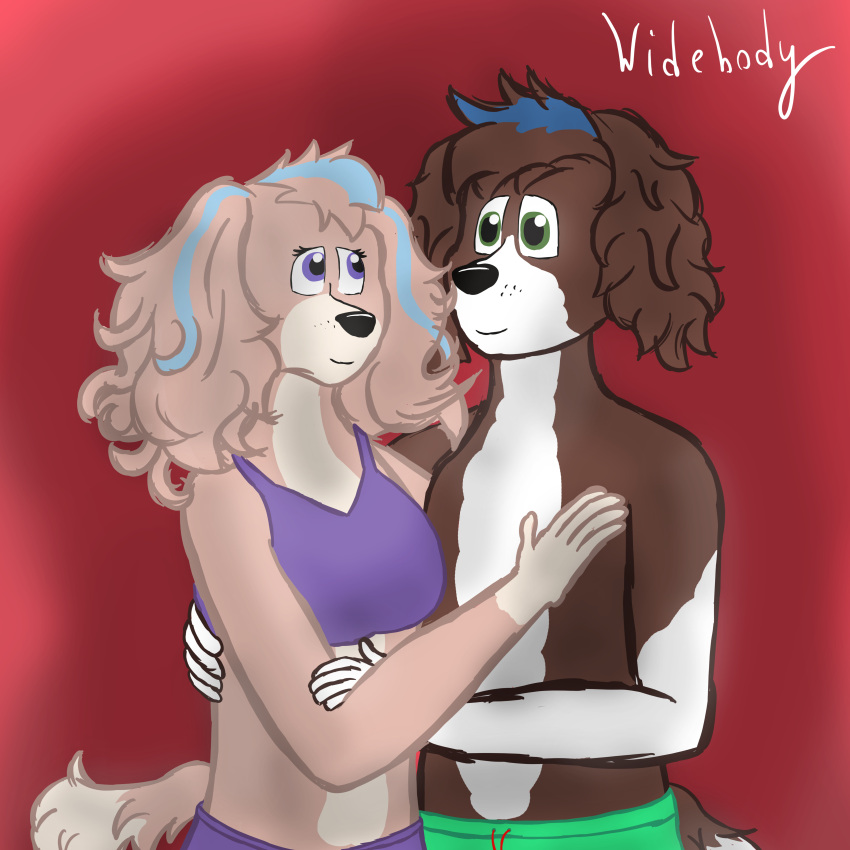 absurd_res anthro canid canine canis cockapoo coral_(paw_patrol) domestic_dog duo female hi_res hug huge_filesize male mammal mixed_breed moby_(paw_patrol) mobywidebody paw_patrol portuguese_water_dog