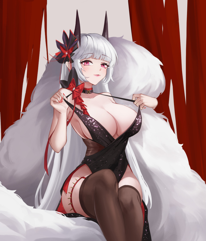 azur_lane bare_shoulders black_dress blunt_bangs breasts brown_thighhighs chinese_commentary choker cleavage collarbone commentary curvy dress evening_gown female flower fur_shawl garter_belt hair_flower hair_ornament halter_dress halterneck hands_up highres hip_vent horns large_breasts legs_together light_blush light_smile lipgloss long_hair looking_at_viewer moli_qiyue no_bra official_alternate_costume pink_eyes plunging_neckline red_nails ribbon ribbon_choker shawl shiny_clothes sideboob sitting solo strap_pull thigh_strap thighhighs very_long_hair white_hair yorck_(azur_lane) yorck_(breaker_under_the_blood_moon)_(azur_lane) zettai_ryouiki