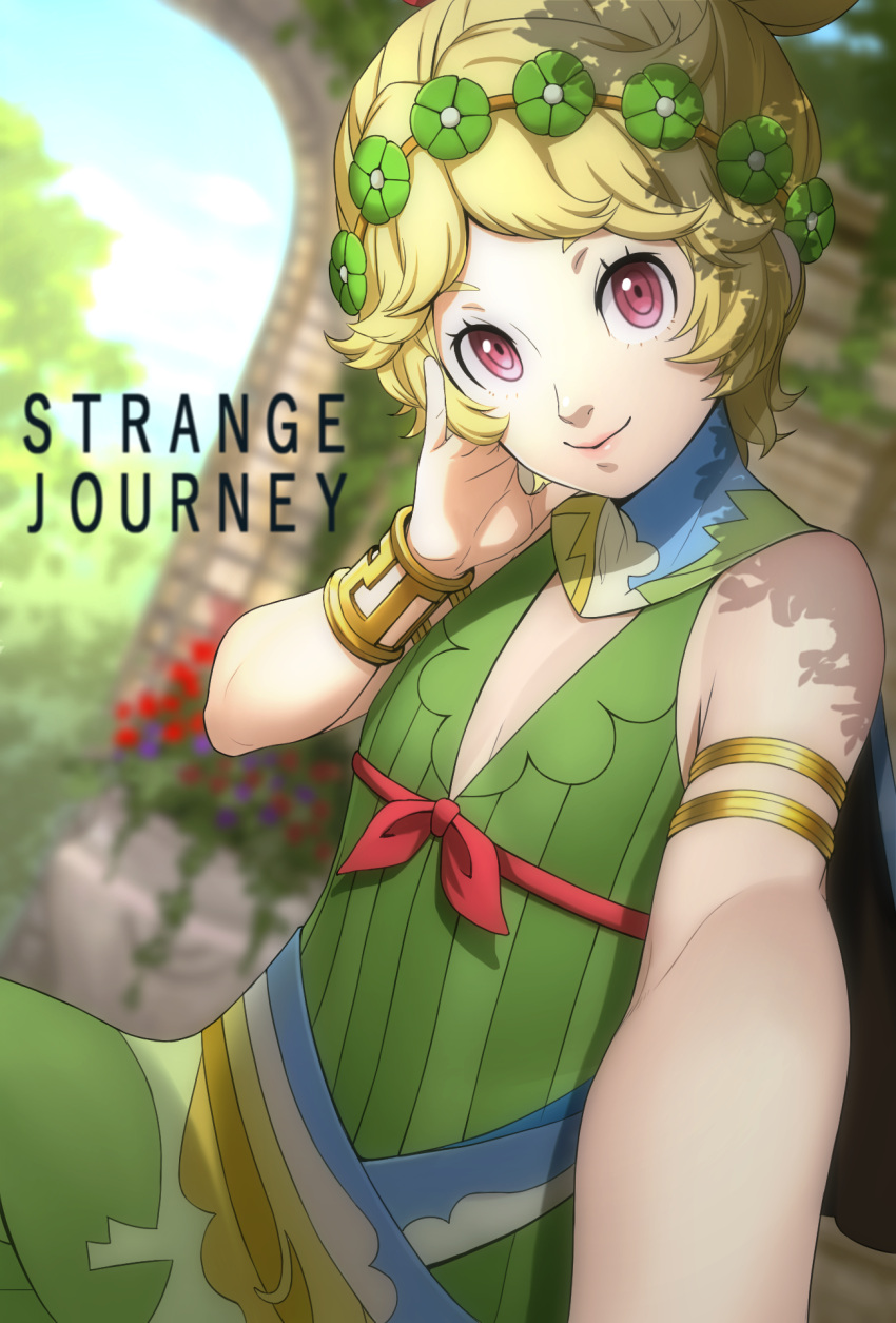 armlet blonde_hair blurry blurry_background bracelet commentary_request copyright_name demeter_(megami_tensei) doi_masayuki_(style) dress female flat_chest green_dress hand_on_own_cheek hand_on_own_face highres jewelry looking_at_viewer parody red_eyes shin_megami_tensei shin_megami_tensei:_strange_journey smile solo style_parody unknown_showhey