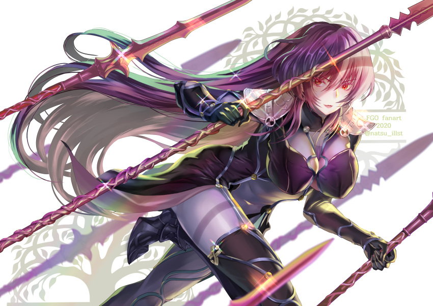 armor bad_id bad_pixiv_id bodysuit breasts commentary_request fate/grand_order fate_(series) female hair_between_eyes high_heels highres holding holding_polearm holding_weapon large_breasts long_hair looking_at_viewer natsujiru polearm red_eyes scathach_(fate) shoulder_armor simple_background solo spear weapon white_background