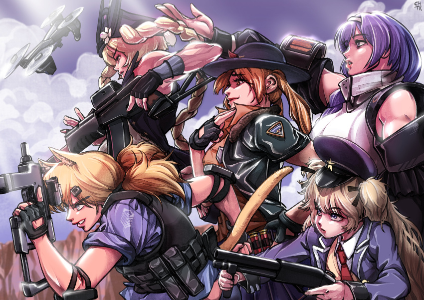 5girls absurdres animal_ears assault_rifle blonde_hair blue_hair brown_hair cat_ears cat_tail chtv dp-12_(girls'_frontline) drone girls'_frontline gun highres idw_(girls'_frontline) idw_(mod3)_(girls'_frontline) korean_commentary m870_(girls'_frontline) multiple_girls police police_uniform policewoman pump_action remington_870 rifle shotgun sr-3mp sr-3mp_(girls'_frontline) submachine_gun super-shorty_(girls'_frontline) tail uniform weapon